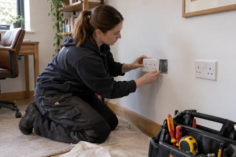 Additional socket installation: a professional electrician assessing or carrying out the electrical work.