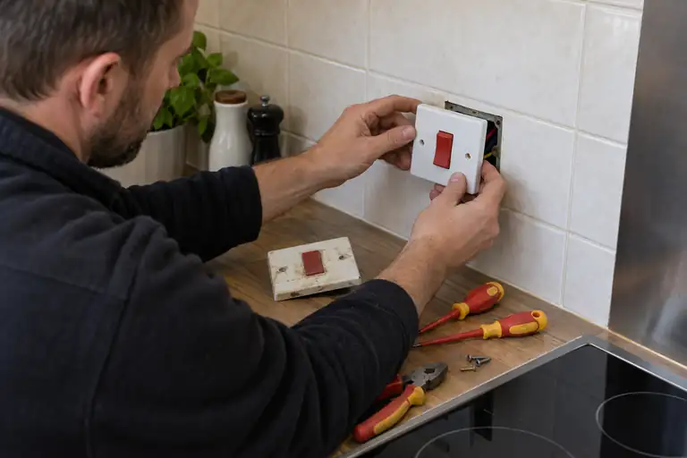 Cooker switch replacement: a professional electrician assessing or carrying out the electrical work.