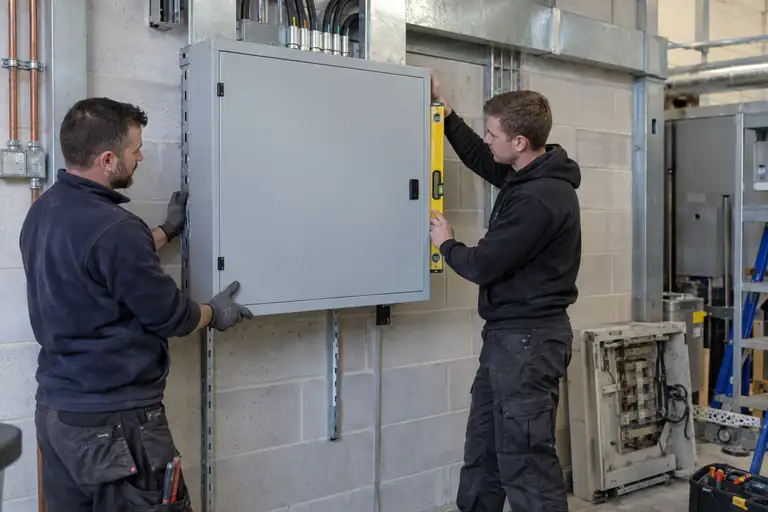 Distribution board replacement: a professional electrician assessing or carrying out the electrical work.