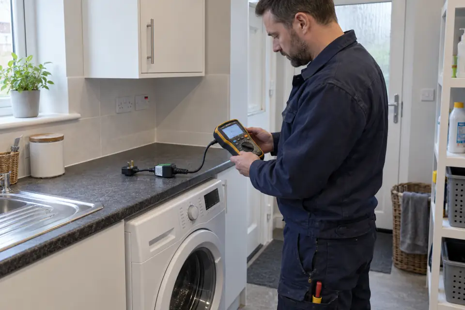 Electrician investigating a reported appliance shock with testing equipment beside an unplugged washing machine.