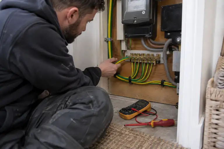 Electrical earthing repairs: a professional electrician assessing or carrying out the electrical work.