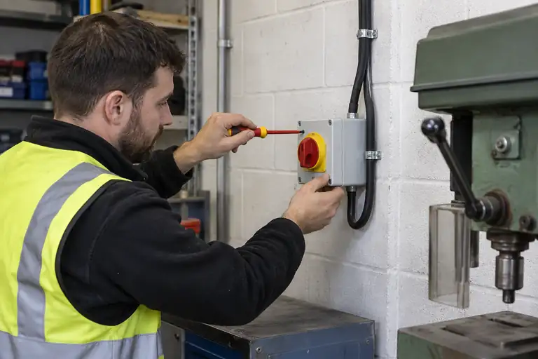 Electrician securing an enclosed red and yellow isolator beside workshop machinery.