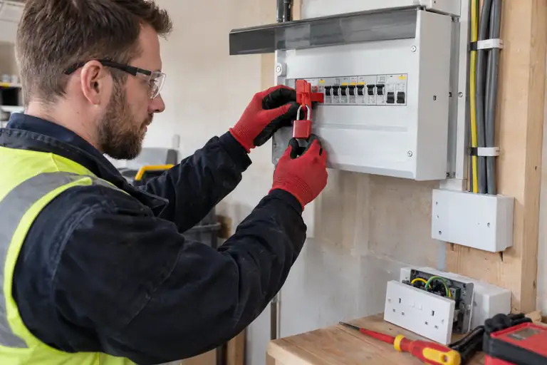 Electrician fitting a red lockout device to a closed UK consumer unit.