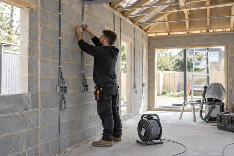 Electrician fitting new cables and backboxes in an unfinished house extension.