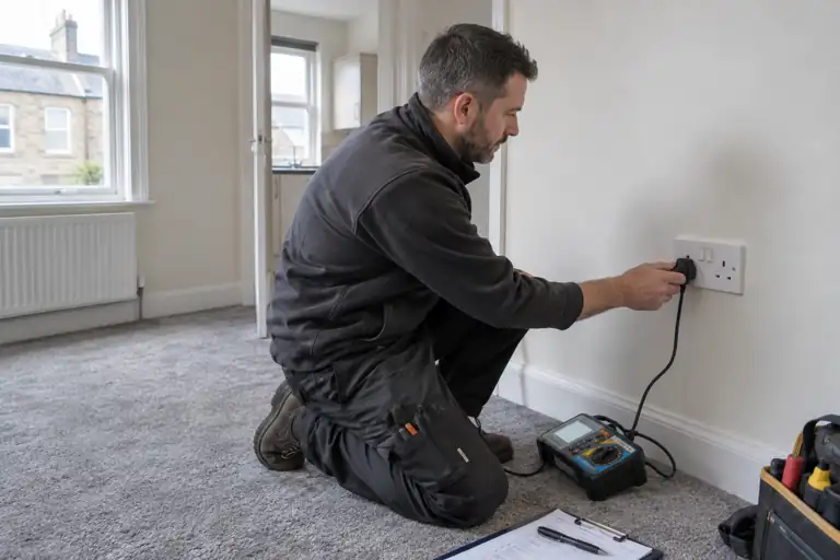 Electrician testing a UK socket in an empty rental property.