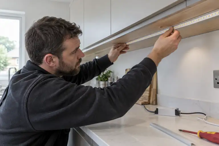 LED lighting installation: a professional electrician assessing or carrying out the electrical work.