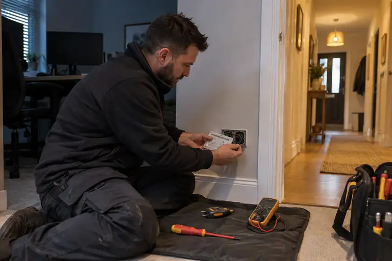 Electrician repairing a socket in a dark room while an adjacent hallway remains lit.