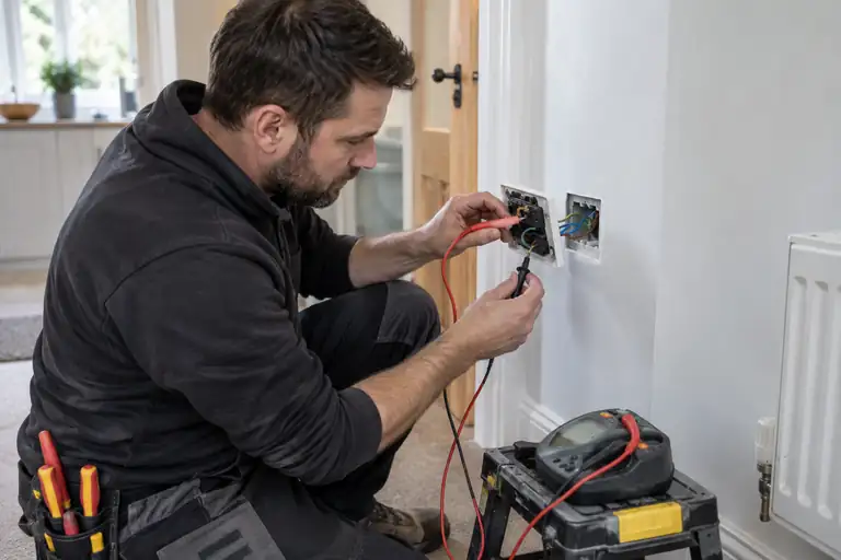 Electrician testing the rear terminals of a supported UK socket with an installation tester.