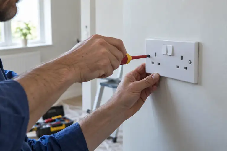 Socket replacement: a professional electrician assessing or carrying out the electrical work.