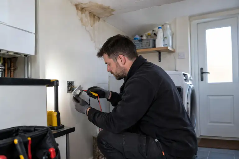 Electrician inspecting socket wiring in a utility room with dried water damage.