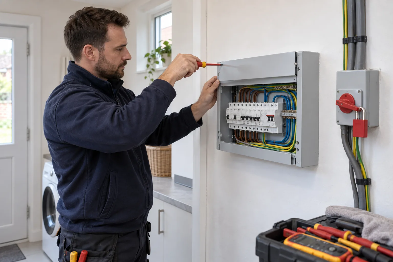 Electrician working on an isolated metal consumer unit.