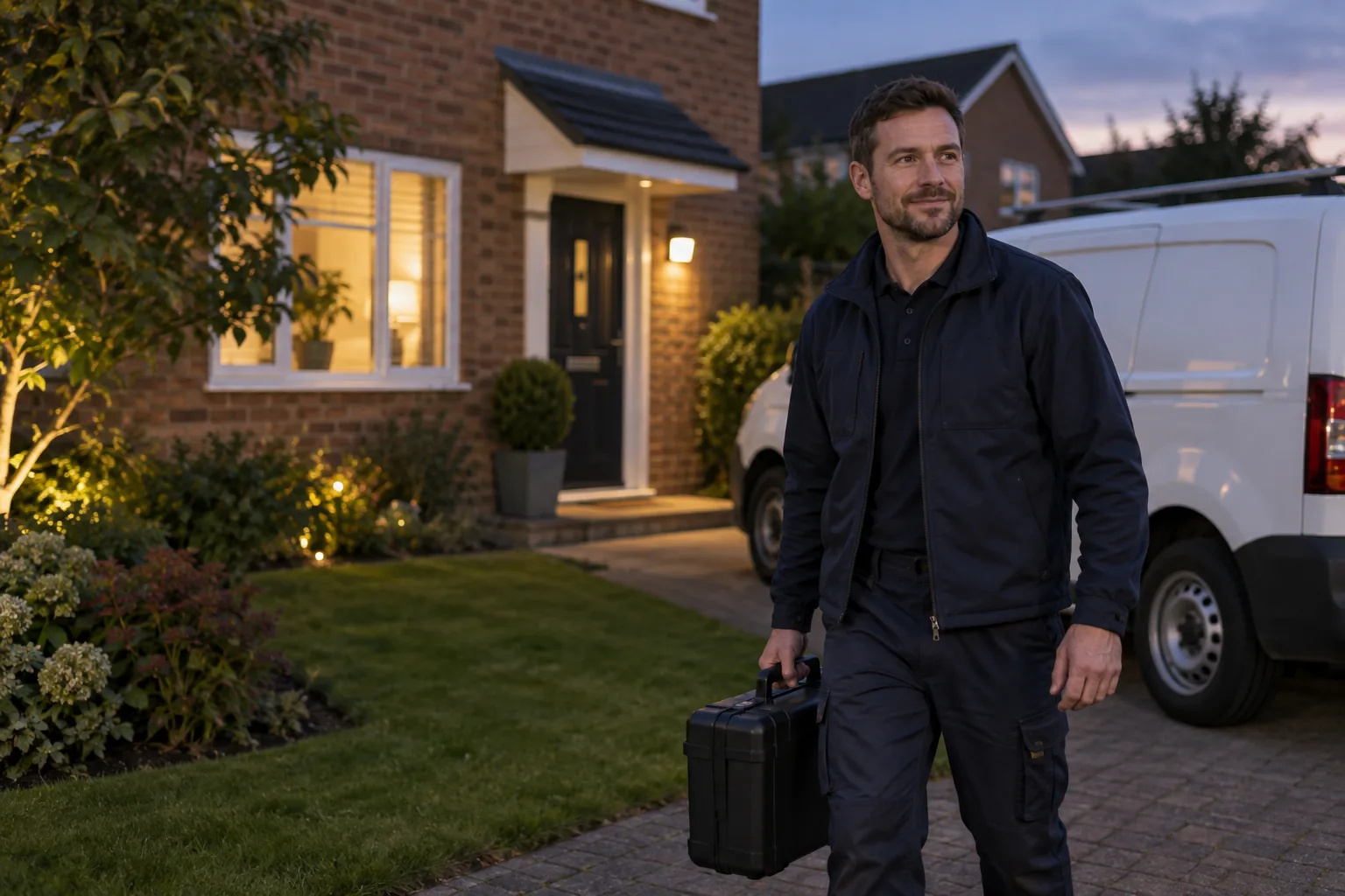 Electrician arriving with a tool case and service van outside a UK home at dusk.