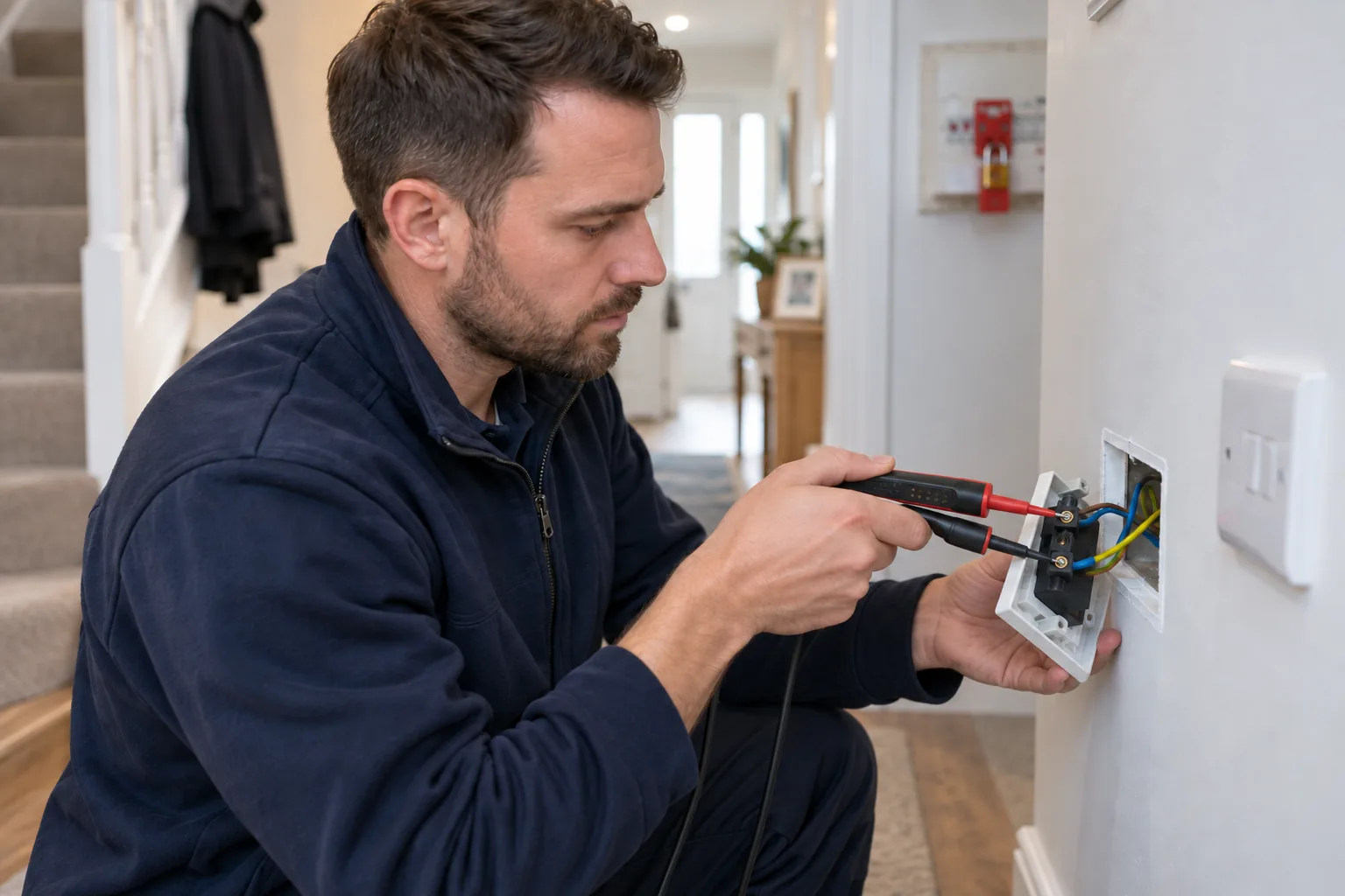Electrician checking isolated socket connections with a two-pole electrical tester.