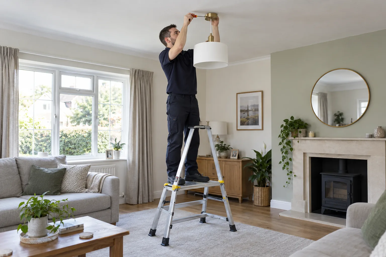 Electrician installing a ceiling light from a stable platform ladder.