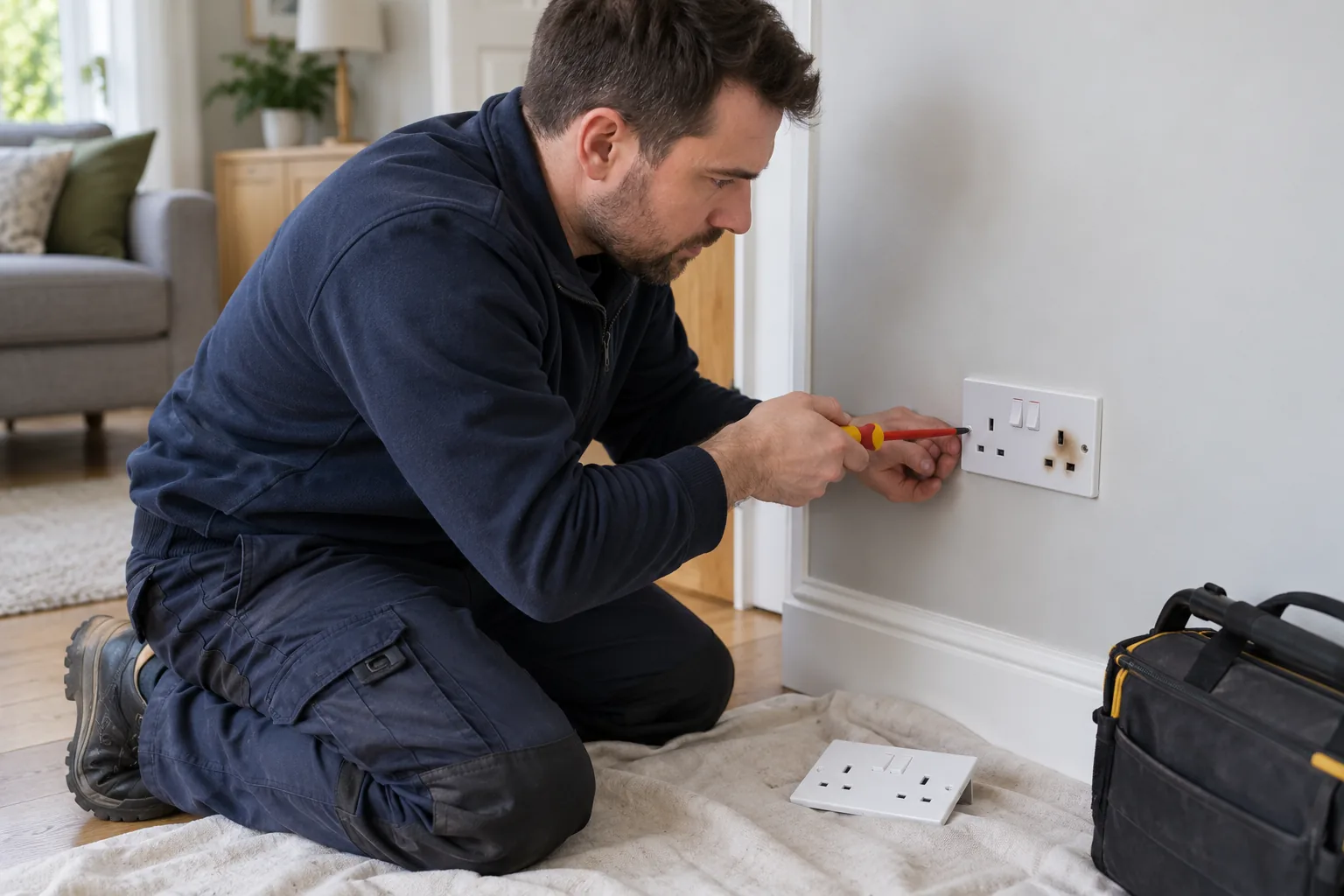 Inspection and repair of a damaged UK socket outlet.